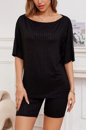 Molirex Womens Biker Short Sets Off Shoulder 2 Piece Outfits Summer 3/4 Sleeve Oversized T-Shirt Ribbed Tracksuit Black 2X-Large - Thumbnail 5