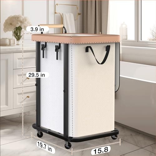 40 Gal (150L) Laundry Hamper with Lid, Leather Patchwork Laundry Basket with Rolling Lockable Wheels and Handle, Laundry Basket Organizer for Laundry Room, Bedroom and Bathroom,Laundry Room - White - Thumbnail 2