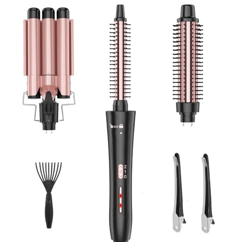 Denvek Curling Iron 3 in 1 Barrel Curling Brush Set Crimper and Waver, Heated Curler Hair Styler Tool for Thermal Brush (Rose Gold, Curling Wand(0.5-1 Inch)) - Image 1