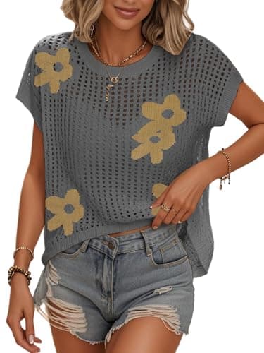 Bellcoco Crochet Tops for Women Summer Vacation Outfits Beach Cover Ups Cute Hollow Out Pullover Embroidery Printed Sweater Vest Cap Sleeve Clothes 2026 Floral Grey Small - Image 1