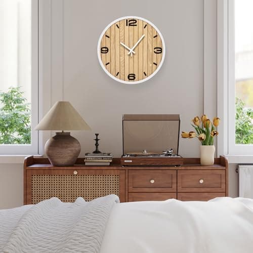AXAORIRA Round Wall Clock Battery Operated, Modern Wooden Small Analog Clocks 12 Inch Silent Non-Ticking for Home, Office, Apartment, Living Room, Bathroom, Kitchen, Bedroom - Thumbnail 4