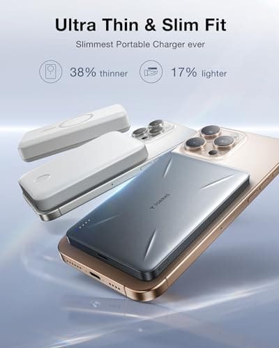 TORRAS for MagSafe Portable Charger, Ultra Slim 5,000mAh Wireeless Magnetic Power Bank Fast Charging Battery Pack with USB-C Cable, Magsafe-Compatible Charger for iPhone 17 Pro Max/17 Pro/16/15/14/13 - Thumbnail 2
