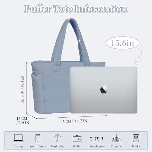 JHhomezeit Puffer Tote Bag for Women-Large Work Tote Bags Quilted Lightweight Puffy Bags Shoulder Bag with Laptop Compartment Blue - Thumbnail 3