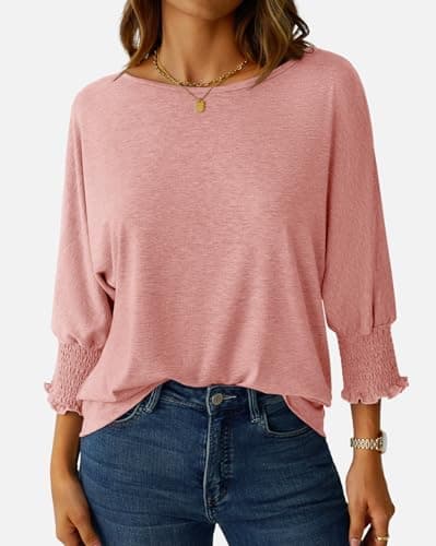 NORACORA Women's 3/4 Sleeve Tops Loose Fit Shirts Dressy Casual Crew Neck T Shirts for Women Basic Tees Shirt with Smocked Cuffs 2025 Fall Fashion Blouse Pink XXL - Thumbnail 2