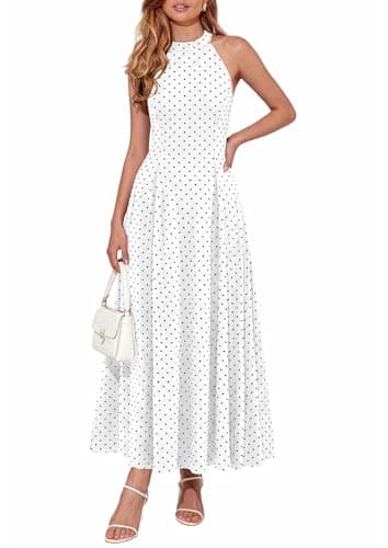 PRETTYGARDEN Summer Halter Dresses for Women 2026 Vacation Outfits Sleeveless Polka Dot Sundress Wedding Guest Maxi Dress(Dot White Black,Small) - Image 1