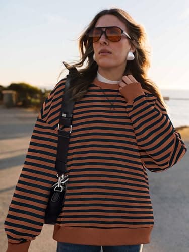 PRETTYGARDEN Women Striped Oversized Sweatshirt Color Block Crew Neck Long Sleeve Casual Pullover Top Spring Y2K Clothes (Brown Navy, Small) - Thumbnail 6