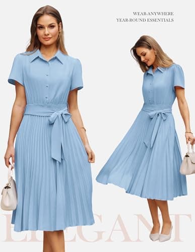 GRACE KARIN Women 2026 Summer Business Shirt Dress,Short Sleeve Collared Neck Button Midi Dresses,Pleated Casual Dresses Light Blue XL - Thumbnail 3