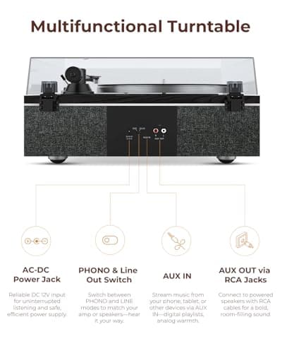 Qlearsoul ONE-S Vinyl Record Player with Bluetooth Input/Output, All-in-One Vintage Turntable Built in Speakers, Phono Preamp & DSP, AT-3600L Cartridge, 33/45 RPM (Black) - Thumbnail 6