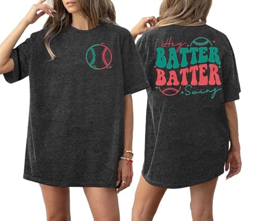 Baseball Shirts Women Oversized: Baseball Mom Tshirt Hey Batter Batter Swing Graphic Tee Ballparks Tops Grey - Image 1