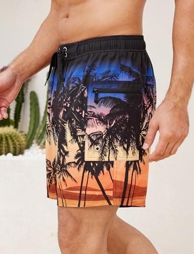 SILKWORLD Swim Trunks Men Quick Dry Bathing Suits 2 in 1 Swimming Shorts Beach Swimsuit with Zipper Pocket and Compression Liner, Gradient- Black Orange Tree, Large - Thumbnail 4