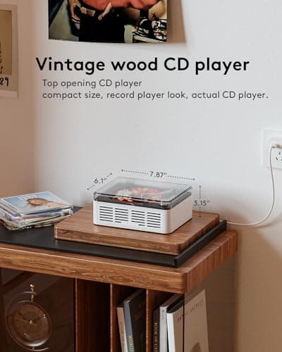CARONSORT CD Player with Bluetooth Transmitter, Nostalgic Retro Wood Music Player, Built-in Speakers-Bass Boost, FM Radio for Home/Wired&Remote Control-White - Thumbnail 5