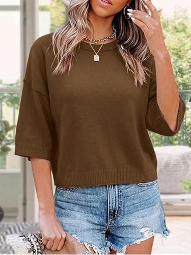 LaGracia Sweater for Women Summer Short Sleeve Oversized Cropped Sweaters Casual Crewneck Lightweight Knit Tops Coffee XL - Thumbnail 3