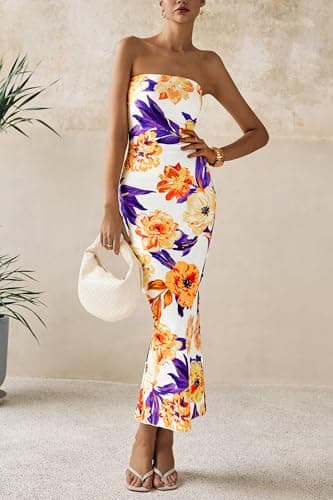 PRETTYGARDEN Women's 2026 Summer Floral Bodycon Maxi Dresses Ribbed Strapless Tube Casual Boho Party Long Dress (Floral White Yellow,Small) - Thumbnail 3