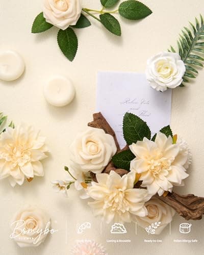 BSMYBO White Flower Artificial Roses Faux Flowers with Stems Mix Fake Roses Dahlia Chrysanthemum Ball for Wedding Bridal Bouquets, Table Centerpieces, Baby Shower, Party, Home Decorations - Thumbnail 6