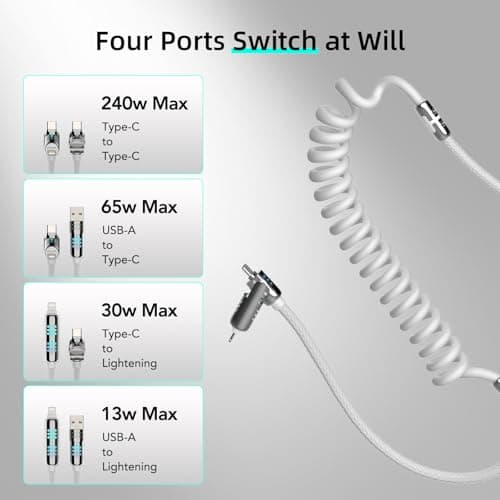 MFish 4-in-1 Coiled USB-C Charging Cable, 6 FT USB A to USB C Cable, 240W Fast Charger for iPhone 17/16/15 Pro Plus Pro Max, for iPad MacBook Pro/Air, Laptops - Multi Charger Cord with Lightning - Thumbnail 6