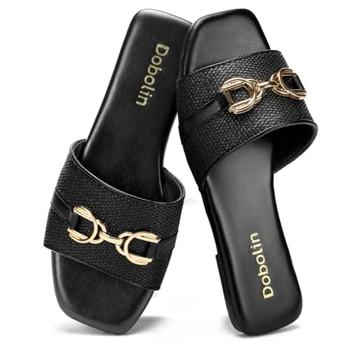 DOBOLIN Women's Raffia Flat Sandals Wide Width Slip On Slides Open Square Toe Woven Sandals with Metal Horsebit for Casual Summer Beach Black Size 6-11 - Image 1