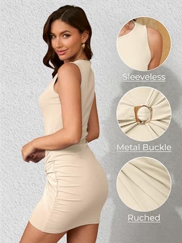 AUMORA Women's Sleeveless Ruched Bodycon Short Dress Crew Neck Tank Metal Buckle Cocktail Party Mini Dresses Beige - Thumbnail 4