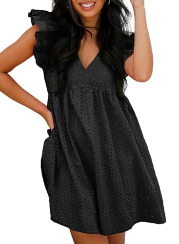 Dokotoo Womens Dresses 2026 Trendy Flare Short Sleeve Sexy V Neck Black Dresses Elegant A Line Hollow Out Lace Ruffle Casual Dress Plus Size Summer Short Dress Medium - Image 1