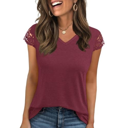 Womens Tops V Neck Short Sleeve T Shirts Womens Summer Tops Casual Soft Basic Lace Tops Spring Summer Tees Clothes 2026 Wine Red - Image 1