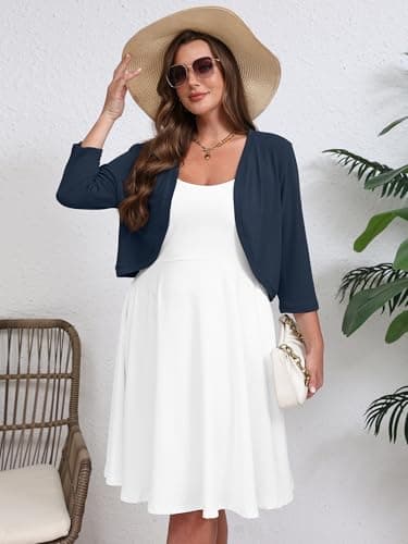 AusLook Plus Size Women Bolero Shrugs 3/4 Sleeve Navy Blue 4X Open Front Knit Lightweight Coat Cropped Tops Shawls and Wraps Cardigan Dressy Sweater Clothes - Thumbnail 5