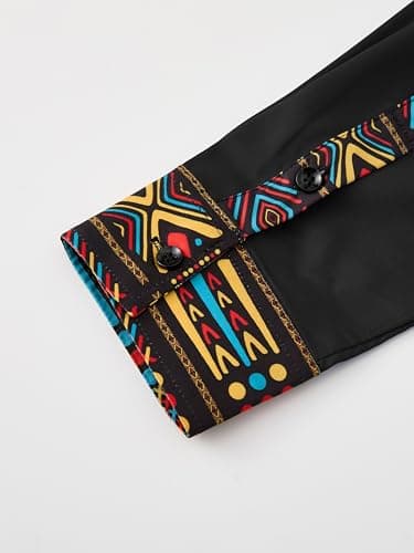 ZAFUL Men's African Patchwork Design Slim Fit 2025 Long Sleeve Button Down Mandarin Collar Shirts (Black Tribal Graphic L) - Thumbnail 6