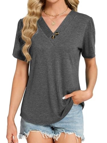 VUTRU Tops for Women V Neck Blouse Puff Short Sleeve Henley Tunic Shirt Loose Fitting Work Casual Plus Size Summer Clothes, Grey L - Thumbnail 2