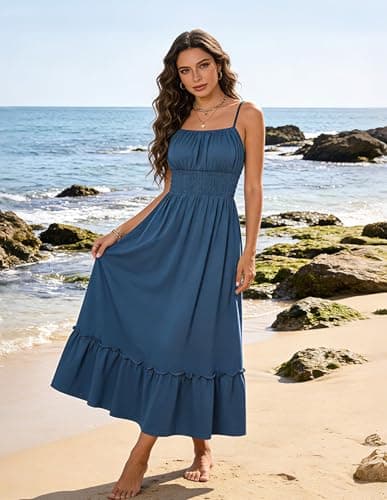GRACE KARIN Womens Dress Summer Casual Smocked Maxi Dress Sleeveless Ruffle Hem Sundress Long Cami Dresses with Pockets Blue L - Thumbnail 6