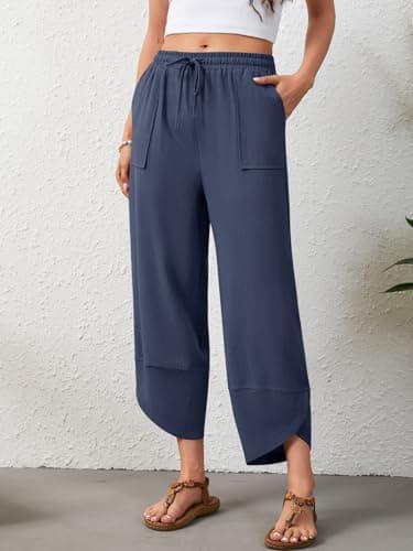 Jiflora Wide Leg Capri Pants for Women Linen Cropped Flowy Pants Elastic Waist with Pockets Boho Outfits Navy Blue L - Thumbnail 3