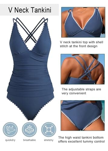 Jillumi Two Piece Swimsuit for Women Tummy Control Ruched Tankini Solid Two Piece Bathing Suits Modest Swimsuits 50s Retro Tankinis (Blue XXL) - Thumbnail 4