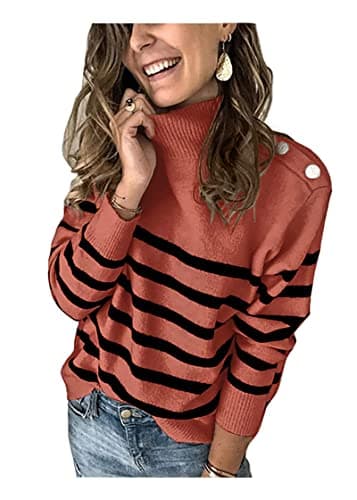 KIRUNDO Fall Sweaters for Women 2026 Striped Turtleneck Ribbed Knit Sweater Trendy Pullover Jumper Winter Fashion Clothing(Medium, Rust Red)
