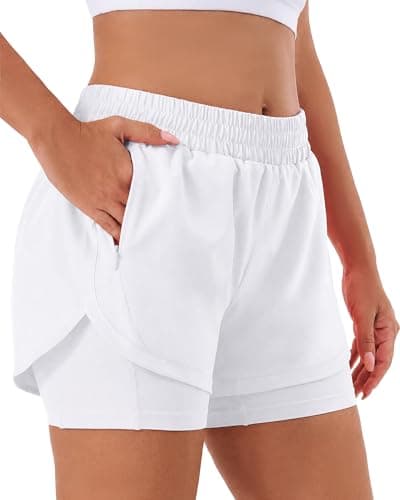 Stelle Women 2 in 1 Running Shorts High Waisted Athletic Shorts Gym Workout Shorts with Liner Zipper Pockets (White,XS) - Image 1