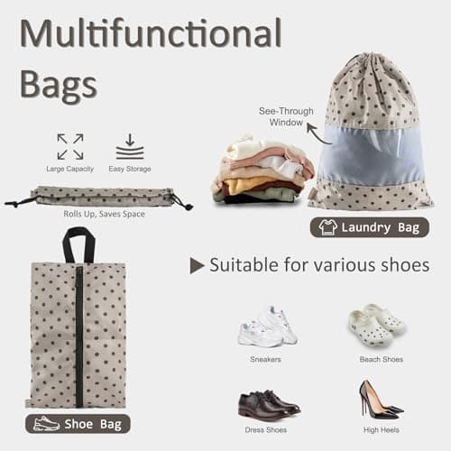 U+U 5 Set Packing Cubes for Travel Essentials Ultralight Luggage Packing Organizers with Laundry Bag and Shoe Bag for Vacation, Business Trip and Camping (Brown Polka Dot) - Thumbnail 4