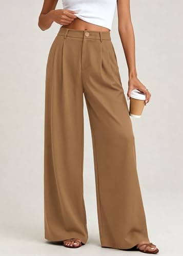 KIRUNDO Dress Pants Women 2026 Summer Polka Dot Palazzo Wide Leg Trousers Flowy Business Casual Slacks for Work with Pockets(Khaki, Small) - Thumbnail 2