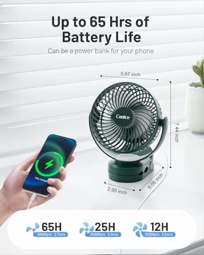 Camping Fan with Remote Control - 12000mAh Rechargeable Battery Powered Fan, Camping Fans for Tents with LED light & Hanging Hook, Rechargeable Battery Operated Ceiling Fans for Tent RV Bed, Green - Thumbnail 2
