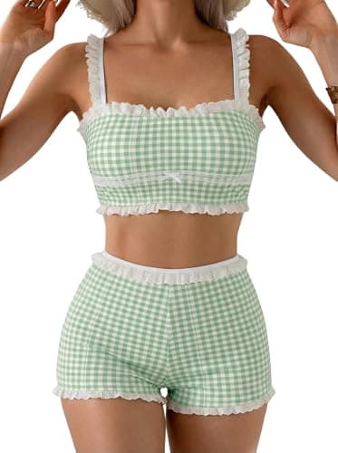 ZAFUL Womens High Waisted Bikini Sets 2 Piece Plaid Ruffle Swimsuits Back Strap Top with High Waisted Shorts Bathing Suit Green S