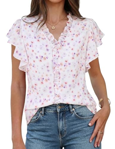 GRACE KARIN 2026 Boho Tops for Women Dressy Casual,Ruffle Sleeve Chiffon Blouse,V Neck Summer Fashion Cloth White Flower XL - Image 1