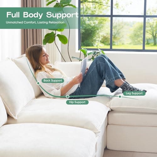 113" Modular Sectional Sofa, Oversized L-Shape Cloud Couch with Deep Seat, Modern Boneless Couch with Side Pockets，Upholstered Sectional Couch for Living Room, No Assembly Required,Chenille,Beige - Thumbnail 5