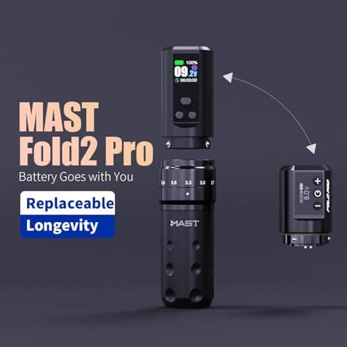 Mast Tattoo Fold2 Pro Cordless Tattoo Gun Kit 2000mAh Battery for Long Runtime & 1500mAh Lightweight Batteries 7 Adjustable Stroke 2.4-4.2mm Mcore-C1 Motor Cartridges Machine - Thumbnail 2