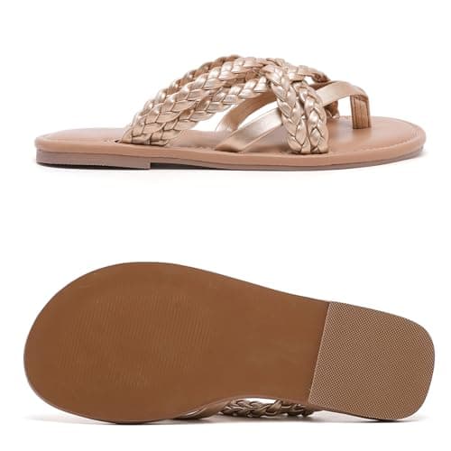 Ruiee Wide Width Sandals for Women, Summer Flip Flops Wide Feet Flat Slides Casual Braided Comfort Slip on Breathable Cute Sandal. 258009 Gold Size11 - Thumbnail 6