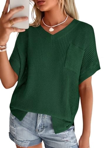PRETTYGARDEN Women's 2026 Spring Short Sleeve Sweaters Lightweight V Neck Casual Going Out Summer Tops Beach Vacation Clothes (Green,Medium) - Image 1