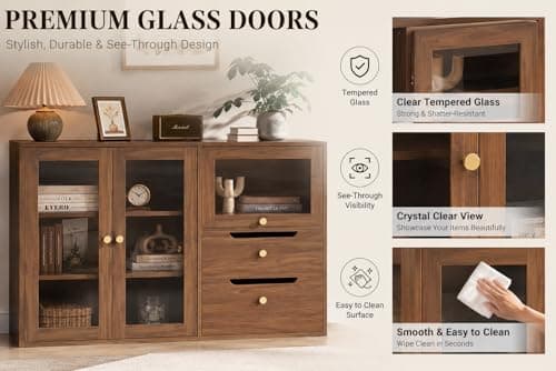 Easyego 63‘’Storage Cabinet,Sideboard Buffet Cabinet with Glass Doors and Drawers,Modern Wood Coffee Bar for Kitchen, Living Room,Dining Room，Entryway-Walnut - Thumbnail 3