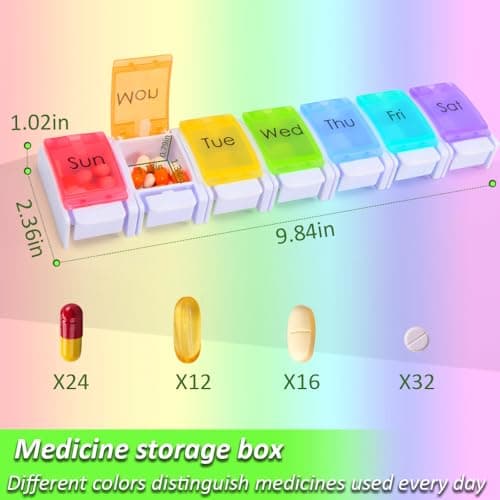 7 Day Pill Organizer, Removable Daily Cases with Rainbow Lids & Permanent Day Printing – No Stickers, Large Capacity Travel Medicine Holder for Pills, Vitamins & Fish Oil, Easy One-Handed Open (1/Day) - Thumbnail 4
