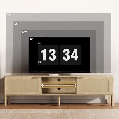 IKALIFE Rattan TV Stand for Living Room - Fits up to 65 Inch TVs, Rattan Media Console Table with Adjustable Shelves & 2 Storage Cabinets, Mid-Century Modern Entertainment Center, Oak 58" - Thumbnail 3