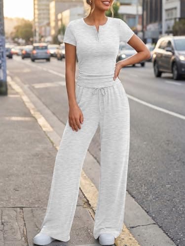 Trendy Queen Womens 2 Piece Sets Lounge Matching Set Cruise Casual Vacation Outfits Summer Airport Workout Gym Clothes Spring Fashion 2026 Teen Girl Wide Leg Pants Athletic Travel Tops Oatmeal Grey L - Thumbnail 6