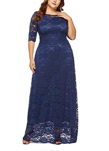 Eternatastic Womens Floral Lace 2/3 Sleeves Maxi Dress Evening Party Long Dress 5XL Deep Blue - Thumbnail 4