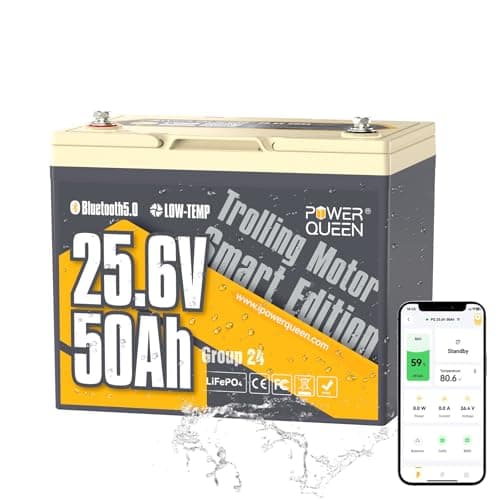 Power Queen 24V50Ah LiFePO4 Battery with Bluetooth 5.0 Remote Control, Low-temperature Protection, 1280Wh Energy, Deep Cycle Lithiumn Battery for 24V Trolling Motor Up To 100 lbs - Image 1