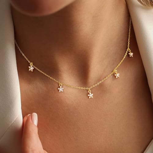 Ursteel 14K-Gold-Plated Flower Necklace for Women, Dainty 14K-Gold-Plated Necklace for Women Non Tarnish Station Necklaces Cubic Zirconia Flower Jewelry Wedding Prom Bridesmaids Gifts - Thumbnail 2