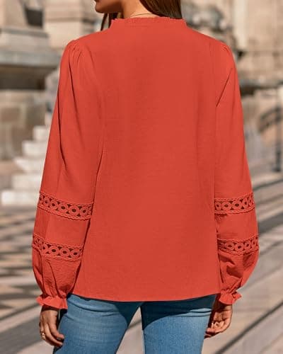 KIRUNDO Going Out Tops for Women 2026 Spring Fashion Boho Cotton Eyelet Long Sleeve Button Up Shirt Lace Dressy Casual Blouse(Orange, Large) - Thumbnail 2