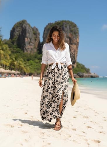 HiMONE Women Maxi Skirt with Side Slit Flowy A Line Elastic Waist Lightweight for Vacation Everyday Wear - Thumbnail 3