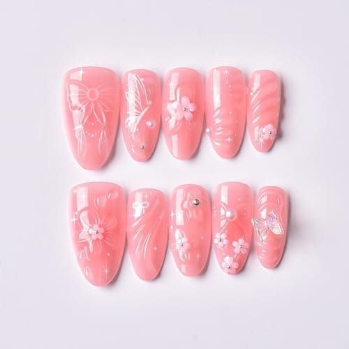 Valentine's Day Press On Nails, Yacey Reusable Almond Fake Nails, Pink Thick Acrylic False Nails Press Ons with Bow Butterfly Designs, 3D Artificial Glossy Glue on Nails for Women Girls 30Pcs/15 Sizes